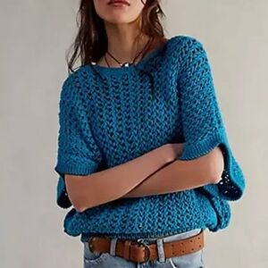 NWT Free People We the Free Ocean Palace Sophia Blue Boho Knit Crochet Sweater